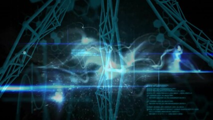 Poster - Faint blue lines sketching wireframe network while scrolling code and pulsing wave visualizing data