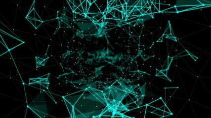 Poster - Scattered teal dots starting lines stretching, pulsing 3D triangular mesh showing network growth