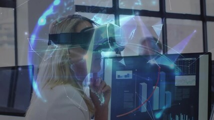 Poster - woman leaning in initiating floating network mesh forming rotating globe analyzing tech data