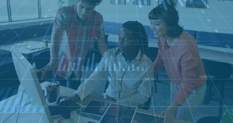 Poster - Seated designer clicking mouse and initiating chart overlays guiding design team examining layouts