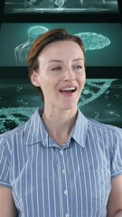 Poster - Animation of businesswoman using tablet over screens with medical data processing