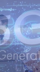Poster - Animation of 5g, 5th generation text, globe over multiracial coworkers discussing in meeting