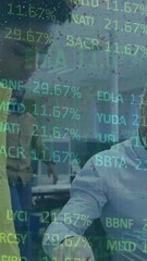 Poster - Animation of stock market data processing over diverse man and woman discussing at office