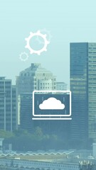 Poster - Animation of multiple digital icons floating against aerial view of cityscape