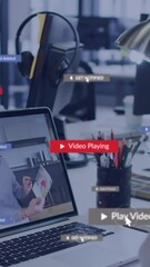 Poster - Animation of social media icons against caucasian woman having a videocall on laptop at office