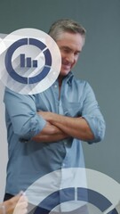 Poster - Animation of multiple bar graph icons floating over diverse colleagues discussing together at office