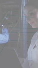 Poster - Animation of retina round scanner against diverse male and female engineers working at server room