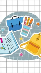 Poster - Animation of book, bag, pencils, bag on abstract pattern over grid pattern against white background