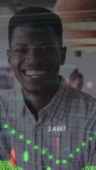 Poster - Animation of glitch technique, graphs with numbers, smiling african american man in office