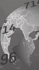 Poster - Animation of changing numbers and rotating globe over aerial view of modern city against sky