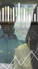 Poster - Animation of graphs, loading bars over diverse coworkers discussing while walking in office corridor