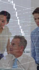 Poster - Animation of financial data processing against group of diverse businesspeople discussing at office