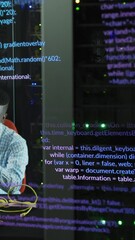 Poster - Animation of data processing over african american male engineer with laptop working at server room