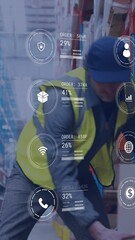 Poster - Animation of data processing against caucasian male worker carrying a box at warehouse