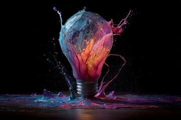 Poster - Colorful lightbulb explosion representing creative inspiration and innovative ideas in a dark setting capturing the beauty of imagination and transformation through dynamic art