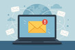 © James - New email message notification on laptop screen. Inbox with exclamation mark alert. Online communication concept. Global network, newsletter, spam, mailing vector illustration.