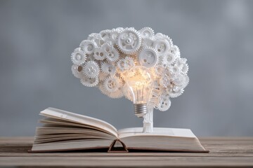 Poster - Concept of education and success represented through a book and a brain made of gears illuminated by a glowing light bulb