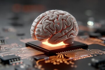 Poster - Creative AI brain emerges on a circuit board, symbolizing the intersection of artificial intelligence and technology development