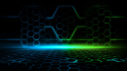 Poster - Dark hexagon abstract technology background with blue and green colored bright flashes under hexagon. Hexagonal gaming vector tech illustration black abstract background.