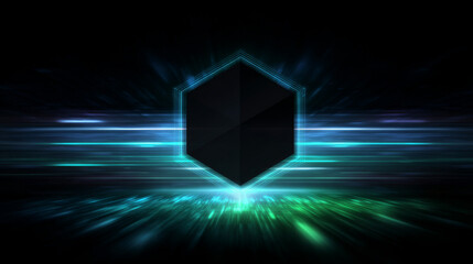 Poster - Dark hexagon abstract technology background with blue and green colored bright flashes under hexagon. Hexagonal gaming vector tech illustration black abstract background.