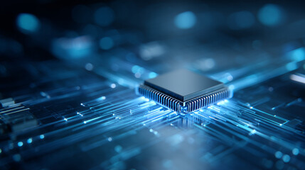 Fototapete - Abstract isometric AI chip or CPU processor, front side bus, and circuit circle connected lines on technology blue background. Big data. Digital innovation on tech bg. 3D polygonal vector illustration