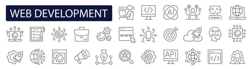 Web development icon set. Programming coding icons. Web design, development. Code, api, programmer coding, app, bug fix, flow, node connect, web coder, software, programmer and more. Editable stroke. 