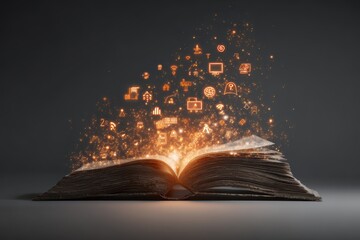 Poster - Open magic book revealing digital smart services, showcasing innovative technology and connectivity in a surreal setting