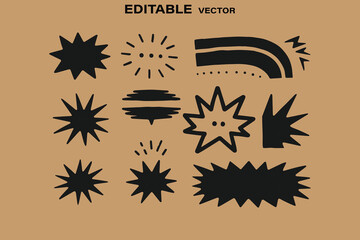 Poster - Collection of hand drawn black starbursts and abstract shapes on a tan background editable vector