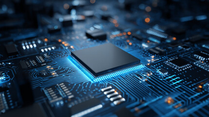 Fototapete - Abstract AI circuit board background. Technology connected blue lines with electronics elements on tech bg. Computer motherboard with a chip, processor, and semiconductor. Digital vector illustration