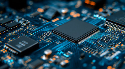 Fototapete - Abstract AI circuit board background. Technology connected blue lines with electronics elements on tech bg. Computer motherboard with a chip, processor, and semiconductor. Digital vector illustration