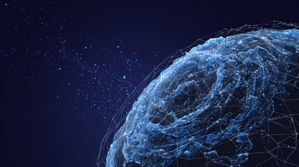 Fototapete - Abstract tech background with low poly wireframe elements. Space technology background in blue. Dark technology bg. Polygonal digital planet in outer space. AI technology concept. Vector illustration
