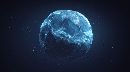 Fototapete - Abstract tech background with low poly wireframe elements. Space technology background in blue. Dark technology bg. Polygonal digital planet in outer space. AI technology concept. Vector illustration