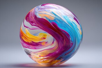 Poster - Vibrant liquid colors swirl together creating mesmerizing patterns in a glass sphere resting on a neutral background