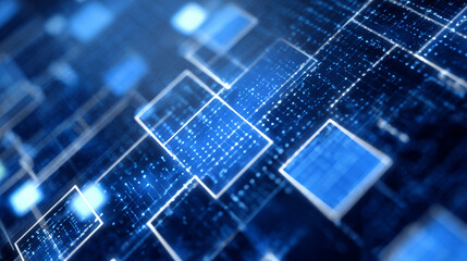 Poster - Abstract digital blue square particles background for business, finance, research, tech and science