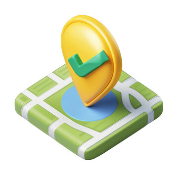 3d rendered yellow map pin with green checkmark on a stylized map isolated on transparent background