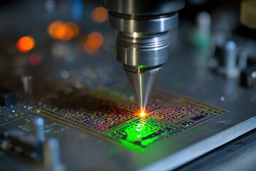 Poster - Close up of laser etching process showcasing precision on a circuit board at a manufacturing facility during daylight hours