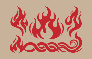 Aufkleber - Collection of stylized red fire flames and decorative wave patterns on a beige background