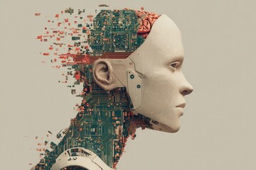 Fototapete - Concept of a human-like android showcasing advanced technology and design with a blend of organic and digital elements in a futuristic aesthetic