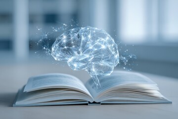 Poster - Virtual brain emerging from an open book symbolizing knowledge, creativity, and cognitive exploration in a modern study environment