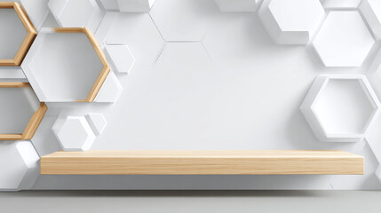 Poster - Soft light white abstract stage in elegant futuristic geometric style with simple lines and corners, polygons as background with white wood shelf for advertisement, presentation products, design.