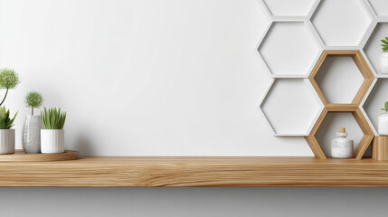 Poster - Soft light white abstract stage in elegant futuristic geometric style with simple lines and corners, polygons as background with white wood shelf for advertisement, presentation products, design.