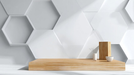 Poster - Soft light white abstract stage in elegant futuristic geometric style with simple lines and corners, polygons as background with white wood shelf for advertisement, presentation products, design.