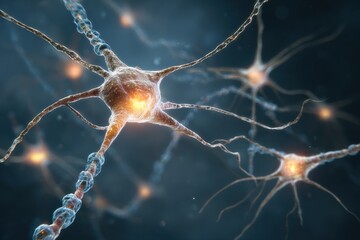 Poster - Conceptual illustration showcasing neuron cells interacting within a biological network, highlighting their complexity and connectivity