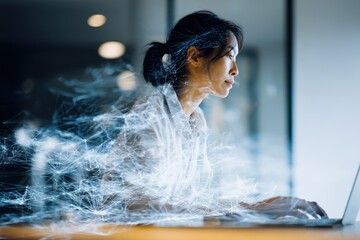 Poster - Woman engaged in creative work with a laptop surrounded by digital effects in a modern workspace during evening hours