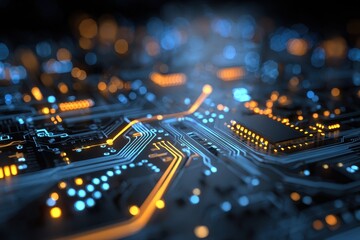 Poster - High tech circuit board background featuring intricate patterns, glowing lights, and a futuristic design that emphasizes connectivity and advanced technology in a digital landscape