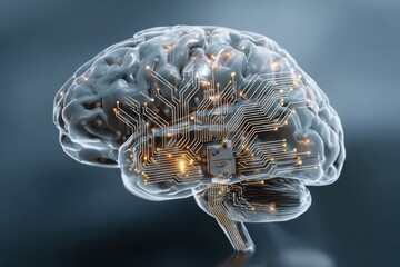 Poster - Human brain depicting intelligent thought processes with embedded circuitry representing cognitive capabilities and technological integration in an abstract representation of neuroscience concepts