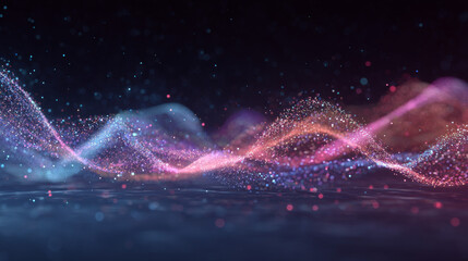 Poster - Futuristic point wave of particles. Visualization of sound waves. Technology or science banner. Abstract digital 3D wave. Vector illustration.