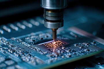 Poster - Close up view of laser etching in progress on a circuit board in a precision manufacturing environment