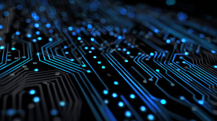 Fototapete - Thin circuit trace lines in blue on a dark technology background. Abstract digital tech bg. Electronics and computer technology concept. Chip and circuit board. Vector illustration. Chip connectors.