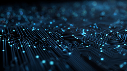 Fototapete - Thin circuit trace lines in blue on a dark technology background. Abstract digital tech bg. Electronics and computer technology concept. Chip and circuit board. Vector illustration. Chip connectors.
